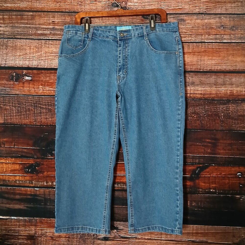 JeanBay Jeans Plus Size 16 W Capri Blue Ramie Denim Embroidered Vintage Y2K - Picture 2 of 9